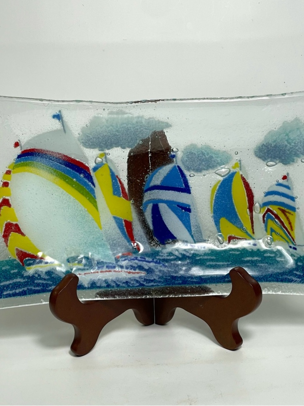 Vintage Fused Sailboat Regatta Plate Signed Peggy Karr